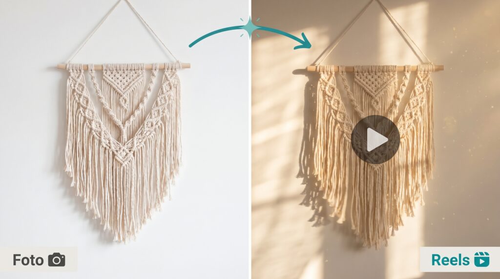 Conceito de foto estática de produto sendo transformada em vídeo Reels pela inteligência artificial
