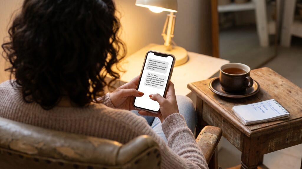 Artesã usando inteligência artificial no celular para polir resposta a cliente
